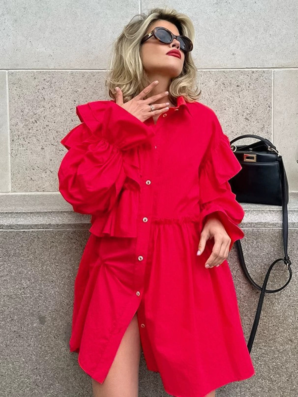 Zara Red Long Sleeve Babydoll Dress Design Casual Loose Spring Summer
